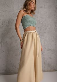 Renee - Beżowe Wiskozowe Spodnie Typu Palazzo High Waist Ozdobione Paskiem Sznurkiem Alemea. Okazja: na co dzień. Stan: podwyższony. Kolor: beżowy. Materiał: wiskoza. Długość: krótkie. Wzór: aplikacja. Styl: boho, casual #1