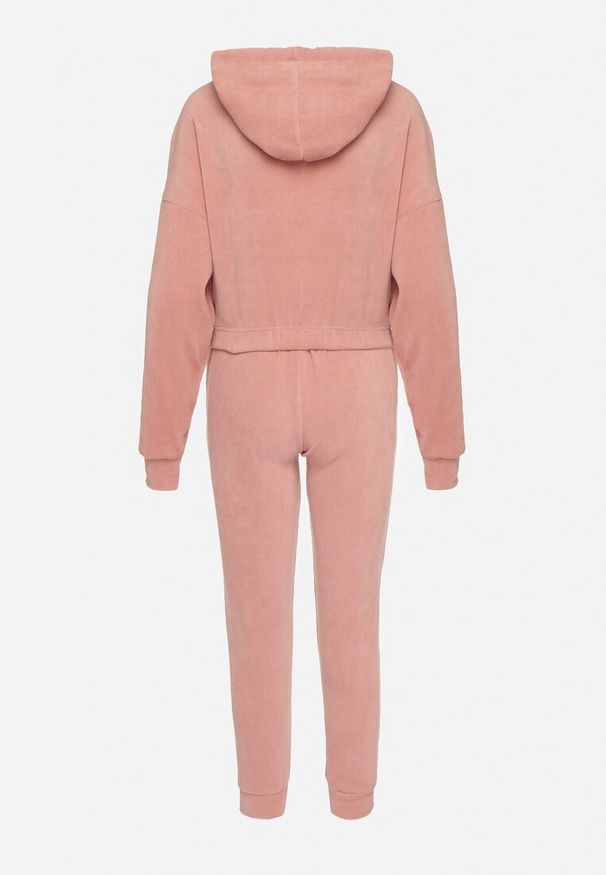 Born2be - Różowy Komplet Dresowy z Bawełną Krótka Bluza z Kapturem i Spodnie z Gumką w Pasie Gesaria. Kolor: różowy. Materiał: dresówka, bawełna