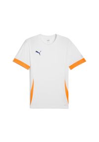 Puma - Męska koszulka do padla INDIVIDUAL PUMA White Vivid Blue Heat Fire Orange. Kolor: pomarańczowy, żółty, niebieski, wielokolorowy, biały