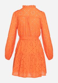Born2be - Pomarańczowa Haftowana Sukienka Mini z Bawełny z Paskiem i Ażurowym Wzorem Aislina. Typ kołnierza: kołnierz z falbankami. Kolor: pomarańczowy. Materiał: bawełna. Wzór: ażurowy, haft. Sezon: wiosna, lato. Długość: mini #4