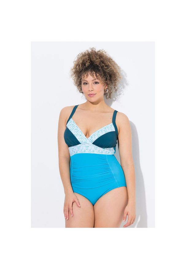 ULLA POPKEN - Damski Strój kąpielowy naszywki miękkie miseczki z recyklingu. Kolekcja: plus size. Kolor: niebieski. Materiał: elastan, materiał, poliamid, poliester. Wzór: aplikacja