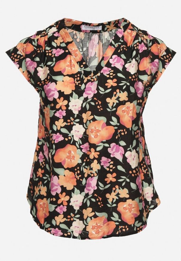Born2be - Czarna Bluzka w Kwiaty z Dekoltem V z Wiskozą Odalisa. Okazja: na co dzień. Kolekcja: plus size. Kolor: czarny. Materiał: wiskoza. Wzór: kwiaty. Sezon: wiosna, lato. Styl: casual, elegancki