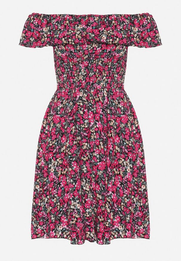 Born2be - Czarna Sukienka z Bawełny Typu Hiszpanka z Falbankami w Kwiaty Aenne. Okazja: na imprezę, na spacer. Typ kołnierza: dekolt hiszpanka, kołnierz z falbankami. Kolor: czarny. Materiał: bawełna. Wzór: kwiaty. Sezon: lato. Styl: elegancki