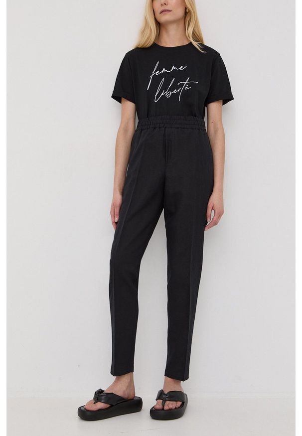 Samsoe & Samsoe - Samsoe Samsoe spodnie lniane damskie kolor czarny proste high waist. Okazja: na co dzień. Stan: podwyższony. Kolor: czarny. Materiał: len. Styl: casual