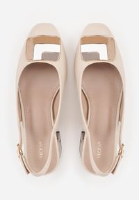 Renee - Beżowe Czółenka VICES na Slupku Slingback z Geometrycznym Wzorem i Aplikacją Savalise. Zapięcie: sprzączka. Kolor: beżowy. Materiał: satyna. Wzór: geometria, aplikacja. Obcas: na słupku #4