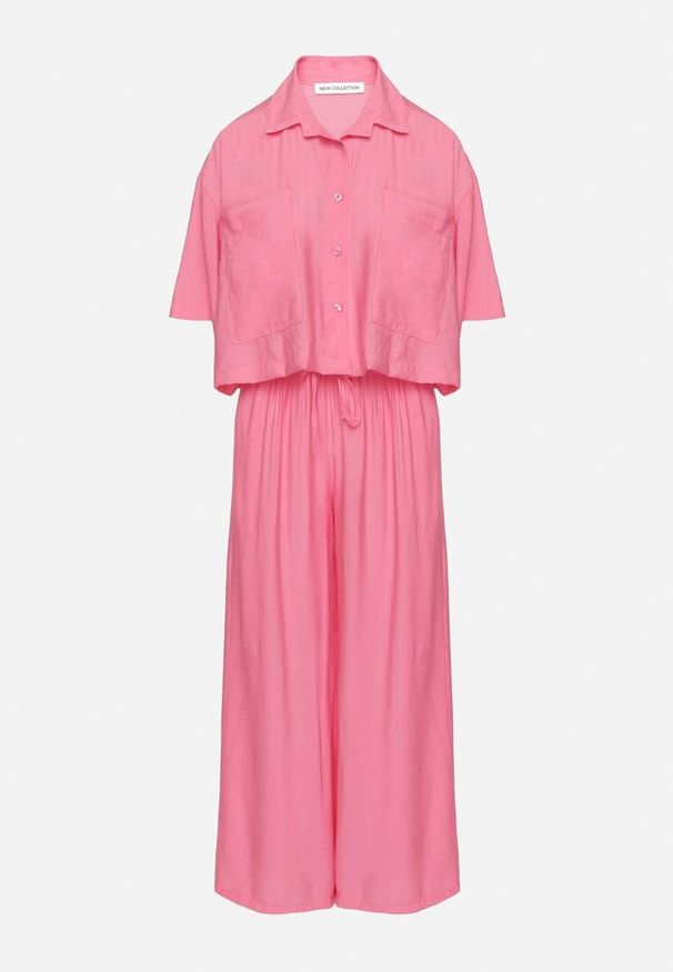 Born2be - Fuksjowy Wiskozowy Komplet Oversize Koszula z Krótkim Rękawem i Spodnie Dovilissea. Kolor: różowy. Materiał: wiskoza