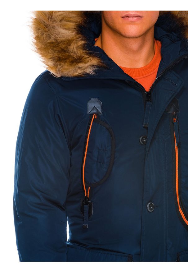 Ombre Clothing - Kurtka męska zimowa parka C369 - granatowa - XL. Kolor: niebieski. Materiał: futro, poliester. Sezon: zima