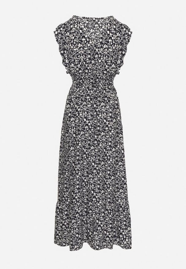 Born2be - Granatowa Sukienka o Rozkloszowanym Kroju z Falbankami w Kwiatowy Wzór Aravisse. Okazja: na co dzień. Typ kołnierza: kołnierz z falbankami. Kolor: niebieski. Wzór: kwiaty. Styl: elegancki, casual