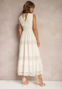 Renee - Beżowa Kopertowa Sukienka Maxi z Wiązaniem na Plecach z Koronkowej Tkaniny Sonaia. Kolor: beżowy. Materiał: koronka, tkanina. Wzór: ażurowy. Typ sukienki: kopertowe. Długość: maxi #4