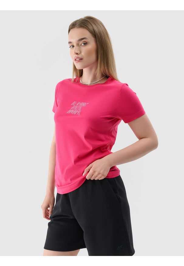 4f - 4F T-shirt slim z nadrukiem damski - różowy M. Okazja: na co dzień. Kolor: różowy. Materiał: materiał, jersey, dzianina. Wzór: nadruk. Styl: sportowy, klasyczny, casual