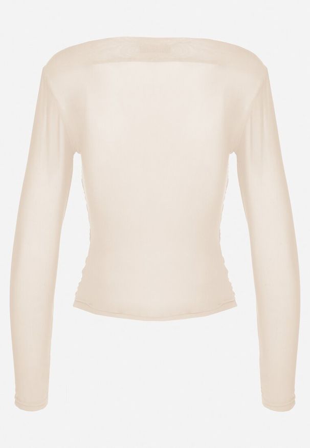 Born2be - Jasnobeżowa Bluzka Siateczkowa z Marszczeniem i Kwiatową Aplikacją Nelimor. Okazja: na co dzień. Kolor: beżowy. Materiał: bawełna, jeans. Wzór: aplikacja, kwiaty. Styl: casual, elegancki