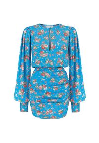SELF LOVE - Niebieska sukienka Barrafranca. Kolor: niebieski. Materiał: materiał, wiskoza. Wzór: kwiaty, nadruk. Typ sukienki: kopertowe. Styl: elegancki. Długość: mini #4