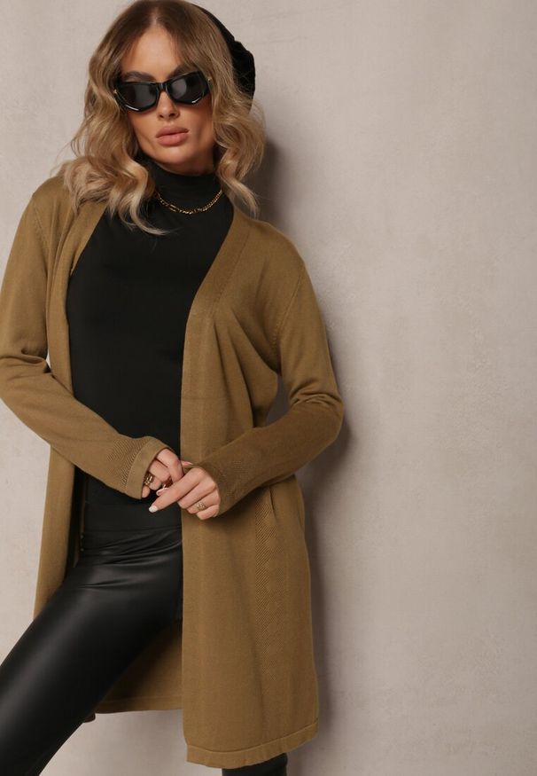 Renee - Zielony Luźny Kardigan Niezapinany Susannas. Kolor: zielony. Materiał: tkanina. Wzór: gładki
