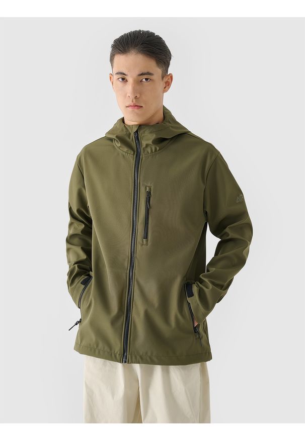 4f - Kurtka softshell wiatroodporna membrana 8000 męska - khaki. Typ kołnierza: kaptur. Kolor: oliwkowy, brązowy, wielokolorowy. Materiał: softshell. Technologia: Windstopper. Sport: wspinaczka