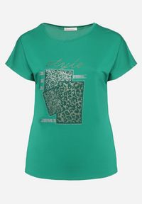 Born2be - Zielony Bawełniany T-shirt z Ozdobnym Napisem i Cyrkoniami Krisiona. Kolor: zielony. Materiał: bawełna. Wzór: napisy. Sezon: lato #7