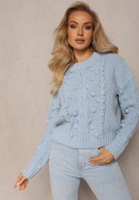 Renee - Niebieski Grubo Pleciony Sweter z Wełną i Bawełną Bavime. Kolor: niebieski. Materiał: bawełna, wełna. Sezon: zima #4