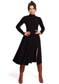 BE - Rozkloszowana spódnica midi z rozcięciem z boku czarna. Kolor: czarny. Materiał: materiał, elastan, bawełna, dzianina. Styl: sportowy #2
