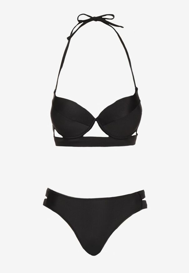 Born2be - Czarne Bikini Biustonosz i Majtki Typu Figi Ozdobione Wycięciami Kinlira. Kolor: czarny. Wzór: aplikacja