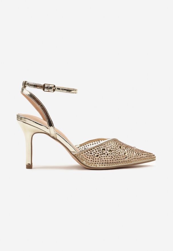 Born2be - Złote Sandały Vices na Szpilce Ozdobione Cyrkoniami Ciaravie. Okazja: na ślub cywilny, na wesele. Zapięcie: pasek. Kolor: złoty. Materiał: tiul. Wzór: aplikacja. Obcas: na szpilce. Styl: elegancki, klasyczny