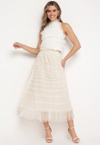 Born2be - Jasnobeżowa Rozkloszowana Spódnica Maxi z Falbankami z Tiulu Davena. Kolor: beżowy. Materiał: tiul. Wzór: aplikacja #3