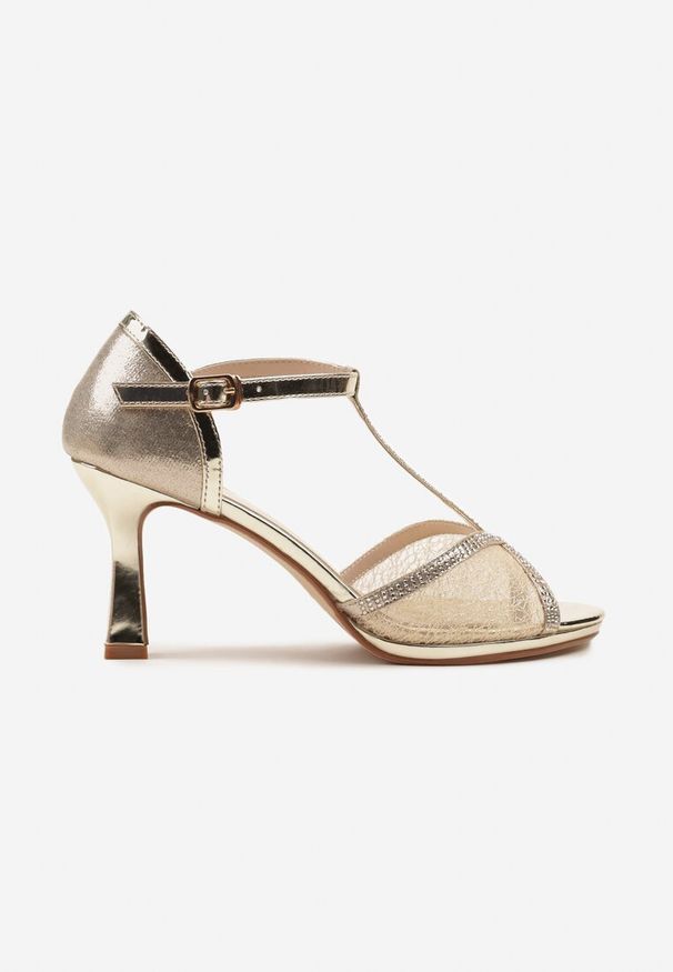 Renee - Złote Sandały na Szpilce Vices z Cyrkoniami Folaniva. Okazja: na wesele, na ślub cywilny. Zapięcie: pasek. Kolor: złoty. Wzór: paski, aplikacja. Obcas: na szpilce. Styl: elegancki. Wysokość obcasa: średni