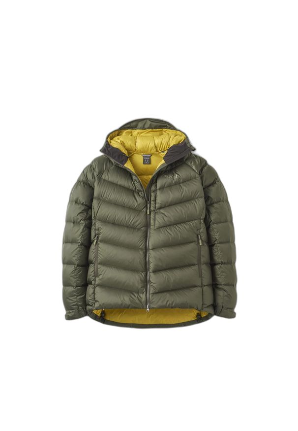 Kurtka z kapturem Rab Glaceon Pro. Typ kołnierza: kaptur. Kolor: zielony. Materiał: puch. Sezon: zima. Sport: turystyka piesza