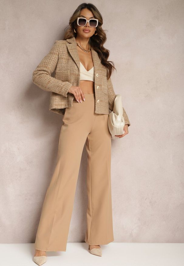 Renee - Beżowa Jednorzędowa Marynarka Retro z Tweedowej Tkaniny Aizrra. Kolor: beżowy. Materiał: tkanina. Styl: retro