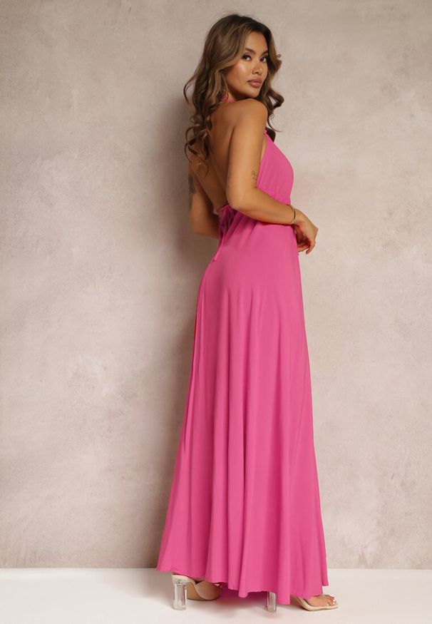 Renee - Fuksjowa Rozkloszowana Sukienka Bawełniana z Wiązaniem na Szyi Panethea. Kolor: różowy. Materiał: bawełna. Długość: maxi