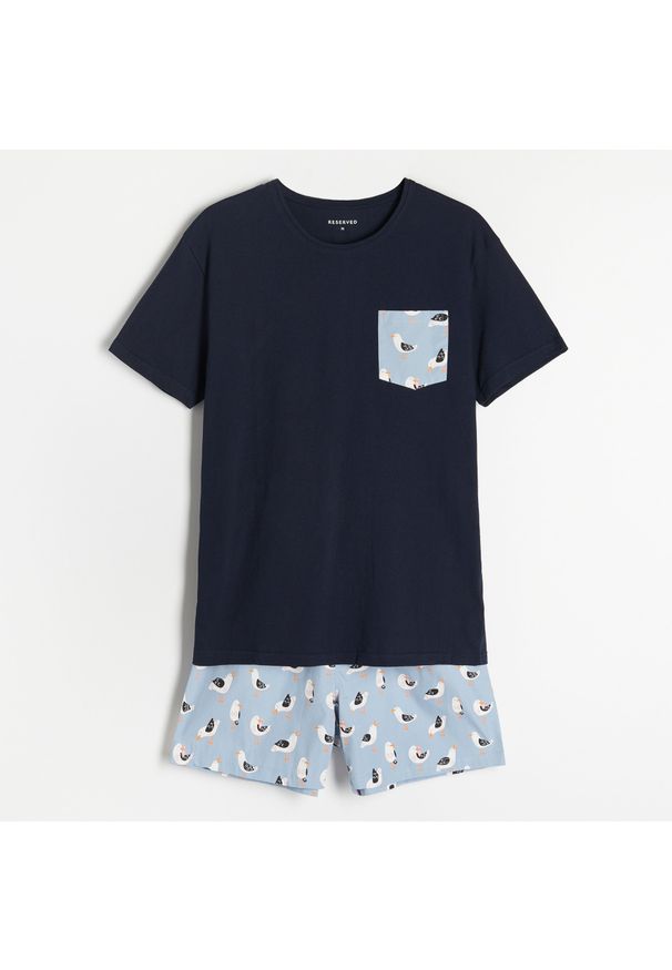 Reserved - Dwuczęściowa piżama w mewy - Granatowy. Kolor: niebieski