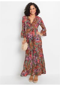 bonprix - Długa sukienka z lejącej wiskozy. Kolor: zielony. Materiał: wiskoza. Wzór: nadruk, kwiaty. Sezon: lato. Długość: maxi #1