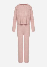 Born2be - Jasnoróżowy Komplet z Wełną i Bawełną Sweter ze Splotem i Szerokie Spodnie Reinettia. Kolor: różowy. Materiał: wełna, bawełna. Wzór: ze splotem #6