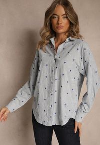 Renee - Niebieska Koszula z Bawełny w Serduszka i Drobne Paseczki Fenimalla. Okazja: na randkę. Kolor: niebieski. Materiał: bawełna. Styl: elegancki, klasyczny #3