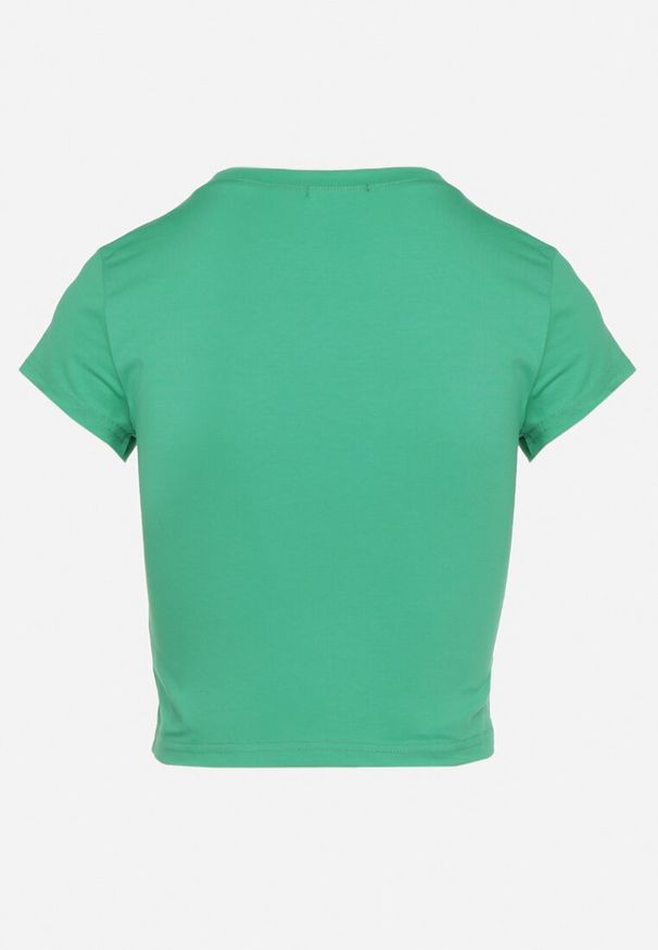 Born2be - Zielony Dopasowany T-shirt Cropped z Napisem z Pzodu Yaloena. Okazja: na co dzień. Kolor: zielony. Materiał: jeans, materiał. Wzór: napisy. Styl: wizytowy, elegancki, casual