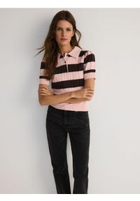 Reserved - Sweter polo z wiskozą - pastelowy róż. Typ kołnierza: polo. Kolor: różowy. Materiał: wiskoza