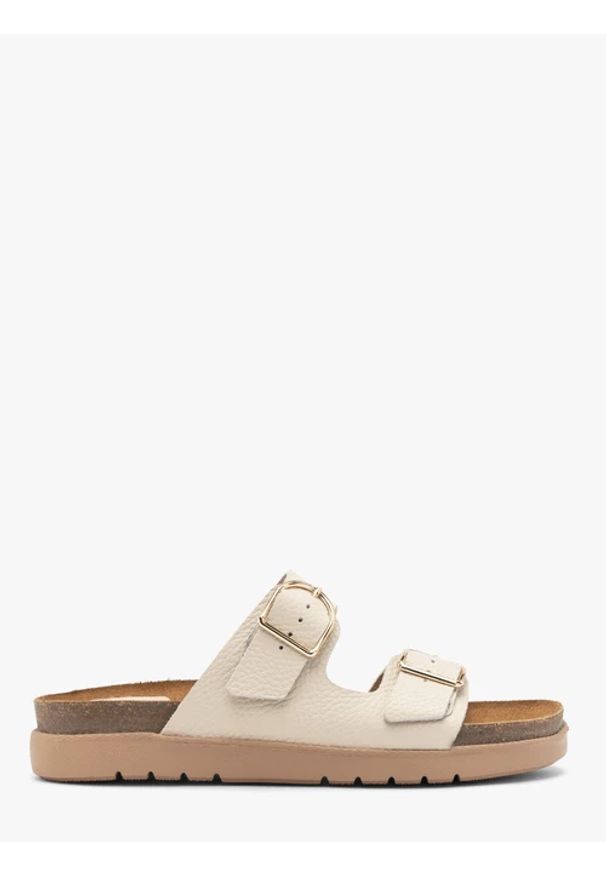 Ryłko - Kremowe klapki damskie. Kolor: beżowy. Materiał: skóra. Wzór: paski. Sezon: lato. Styl: klasyczny, elegancki, street