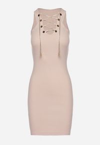 Born2be - Beżowa Bawełniana Sukienka Prążkowana z Ozdobnie Wiązanym Dekoltem Vikimarra. Okazja: na co dzień. Kolor: beżowy. Materiał: prążkowany, bawełna. Długość rękawa: krótki rękaw. Styl: wizytowy, klasyczny, casual, elegancki #7