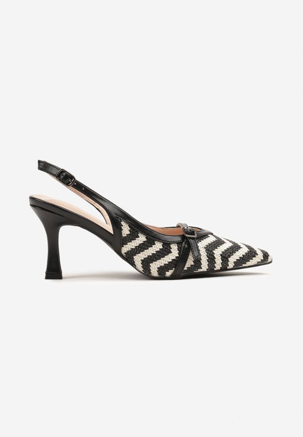 Born2be - Czarne Tweedowe Sandały Slingback z Klamerką na Obcasie Typu Kaczuszka Adivioria. Okazja: na co dzień. Nosek buta: szpiczasty. Zapięcie: pasek. Kolor: czarny. Wzór: aplikacja. Materiał: jeans. Obcas: na obcasie. Styl: elegancki, casual. Wysokość obcasa: średni