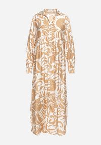 Born2be - Beżowa Sukienka Szmizjerka Zapinana na Guziki z Falbanką Lavernia. Okazja: na co dzień, na randkę. Typ kołnierza: dekolt w kształcie V, kołnierz z falbankami. Kolor: beżowy. Materiał: materiał, wiskoza, jeans. Długość rękawa: długi rękaw. Typ sukienki: szmizjerki. Styl: klasyczny, casual, elegancki #2