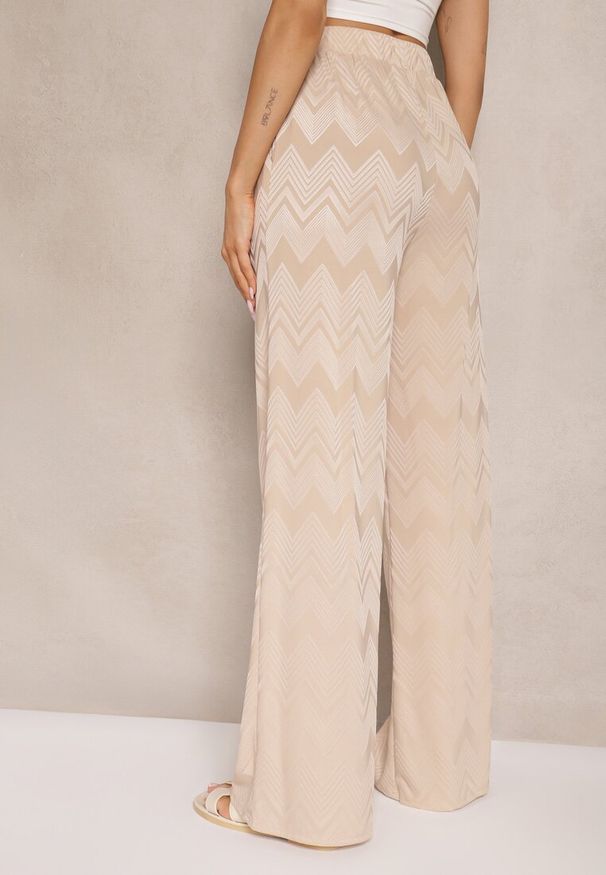 Renee - Beżowe Spodnie z Wiskozą o Szerokim Kroju High Waist Weralis. Okazja: na co dzień. Stan: podwyższony. Kolor: beżowy. Materiał: wiskoza. Styl: casual, elegancki