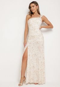 Born2be - Beżowa Taliowana Sukienka na Jedno Ramię w Kwiatowy Wzór Melanisea. Kolor: beżowy. Wzór: kwiaty. Styl: elegancki #1