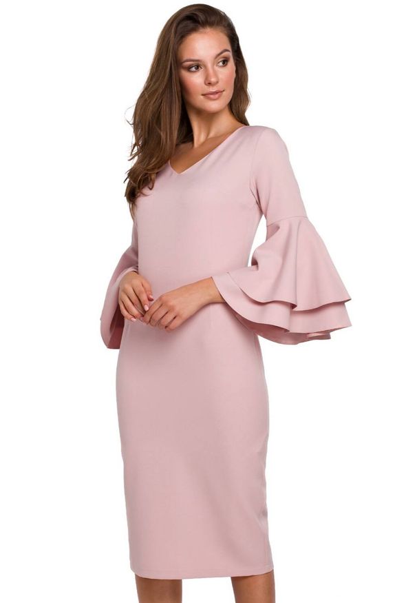 Makover - Elegancka sukienka midi z ozdobnymi rękawami. Typ sukienki: ołówkowe. Styl: elegancki. Długość: midi
