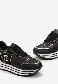 Born2be - Czarne Sneakersy Ozdobione Brokatem i Logo Loppera. Kolor: czarny. Szerokość cholewki: normalna. Wzór: aplikacja. Obcas: na platformie #4