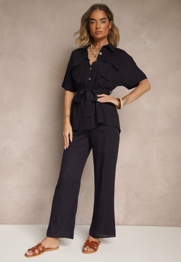 Renee - Granatowy Komplet z Lnem i Wiskozą Szerokie Spodnie i Koszula z Paskiem Galanitia. Kolor: niebieski. Materiał: wiskoza, len