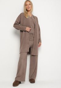 Born2be - Brązowy Dzianinowy Komplet z Wełną Kamizelka Długi Kardigan i Spodnie Otizela. Kolekcja: plus size. Kolor: brązowy. Materiał: wełna, dzianina