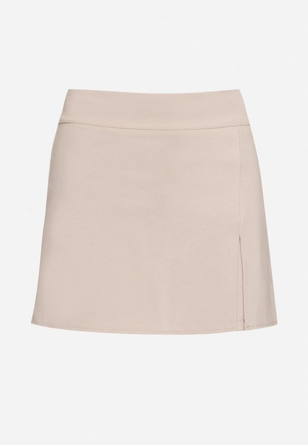 Born2be - Ciemnobeżowe Spódnico-Szorty z Dodatkiem Bawełny Ozdobione Wycięciem Savetta. Kolor: beżowy. Materiał: bawełna. Wzór: aplikacja. Styl: elegancki, klasyczny