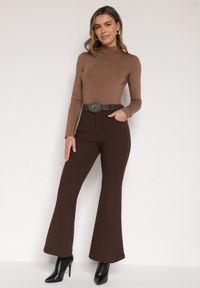 Born2be - Brązowe Spodnie Dzwony z Bawełny i Wiskozy z Kowbojskim Paskiem Tushella. Kolor: brązowy. Materiał: bawełna, wiskoza. Styl: klasyczny, elegancki #6