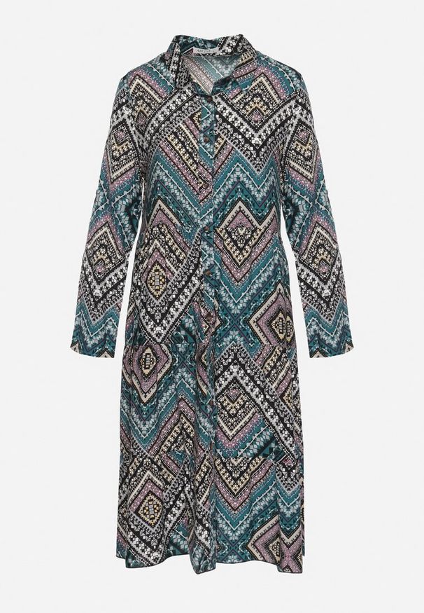 Born2be - Czarno-Niebieska Sukienka Bawełniana w Etno Wzór o Koszulowym Kroju Tesagena. Okazja: do pracy. Kolor: czarny. Materiał: bawełna. Wzór: aplikacja. Typ sukienki: koszulowe. Styl: etno