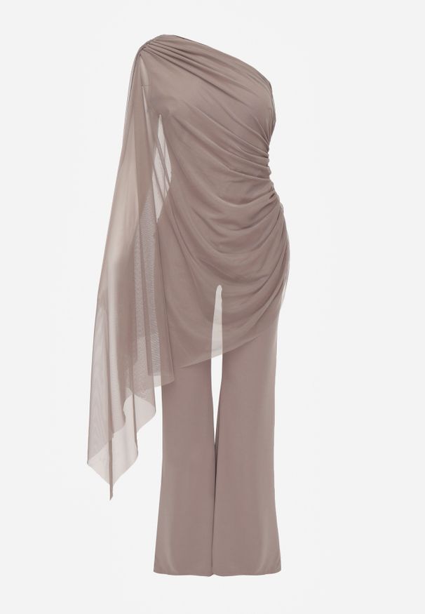 Renee - Ciemnobeżowy Kombinezon Elegancki o Asymetrycznym Kroju z Lekką Narzutką na Ramię Naeranie. Kolor: beżowy. Styl: elegancki