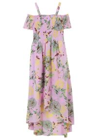 bonprix - Sukienka z dekoltem carmen. Typ kołnierza: typu carmen. Kolor: fioletowy. Długość rękawa: na ramiączkach. Wzór: kwiaty #1