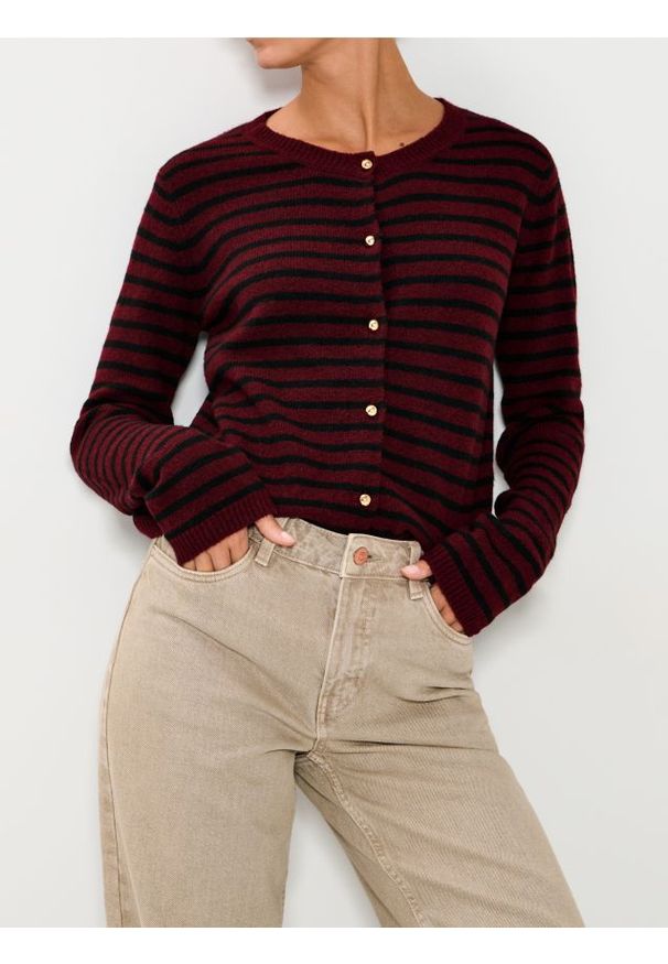 Sinsay - Rozpinany sweter w paski - bordowy. Kolor: czerwony. Wzór: paski